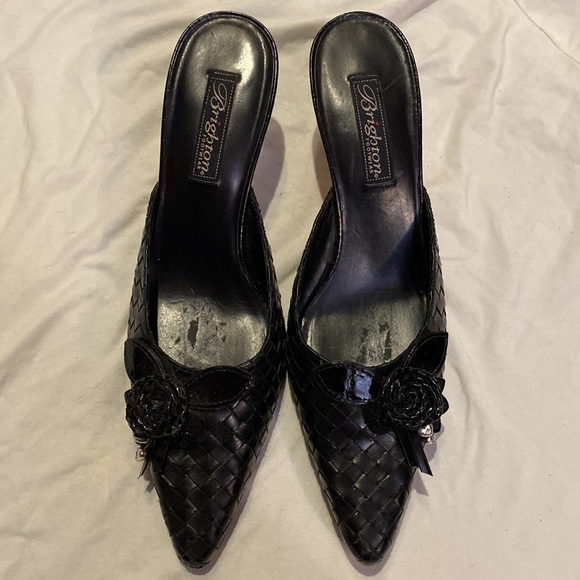 Brighton Black Leather Paige Mule Slide Kitten Heels - Picture 7 of 13